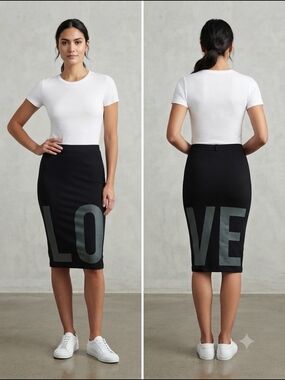 NWT Express Black Pencil Skirt with 'LOVE' Graphic - Women's XS